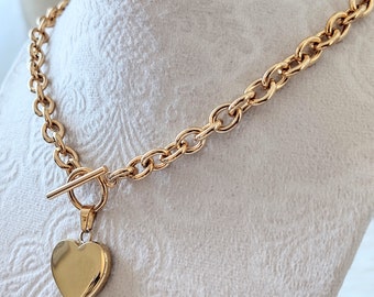 Gold Heart Necklace, Shiny Polished Gold Stainless Steel, Elegant Gold Toggle Necklace, Statement Necklace, Chunky Necklace OR Bracelet