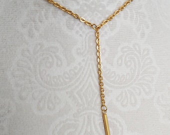 Dainty Bar Lariat, All Gold Color Stainless Steel, Gold Bar Y Lariat, Simple Y Necklace, Minimalist Necklace, Lightweight Lariat