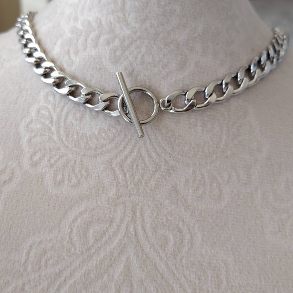 Toggle Link Necklace, Toggle Bracelet, All Stainless Steel T bar Necklace, Silver Color Toggle Choker, unisex Necklace, ~8.4mm Chain Width