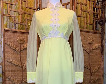 Vintage Pastel Yellow 1960's Psychedelic Maxi Dress with Lace Trim