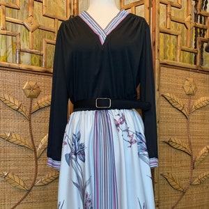 Vintage Size Large 1970&#39;s Black Midi Dress with Floral Iris Print