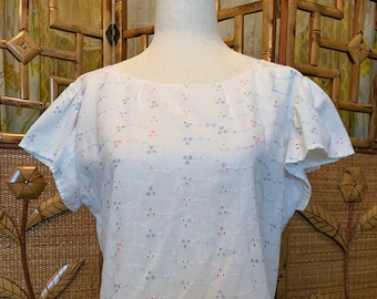 Vintage Size Large White Cotton Blouse with Pastel Floral Embroidery