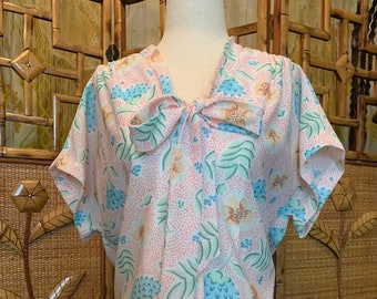 Vintage Pink Button Up Blouse with Teal Floral Print and Neck Tie