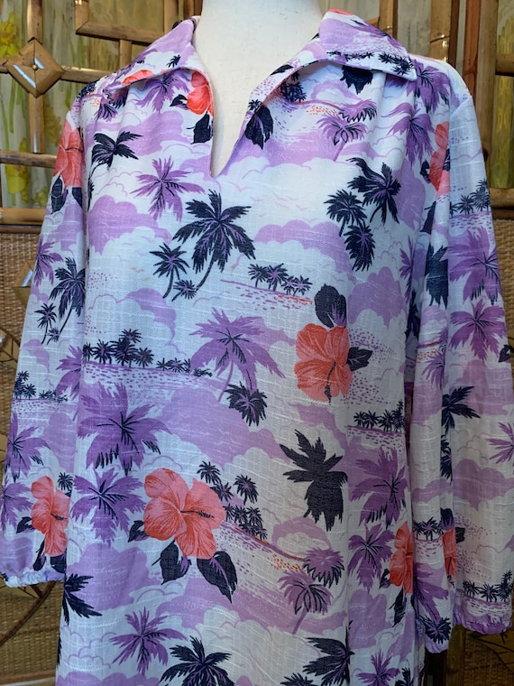 Vintage 1970's Tropical Purple Pullover Blouse wi… - image 2