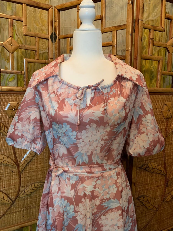 Vintage 1970's Pink, Teal, and Cream Floral Dress… - image 1