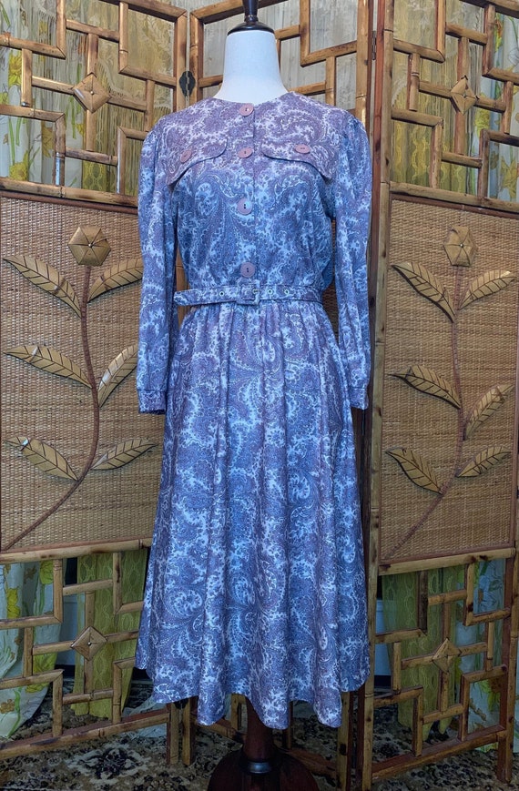 Vintage 1980's A-Line Dress with a Dusty Purple and Blue Paisley Print Vintage 1980's A-Line Dress with a Dusty Purple and Blue Paisley Print