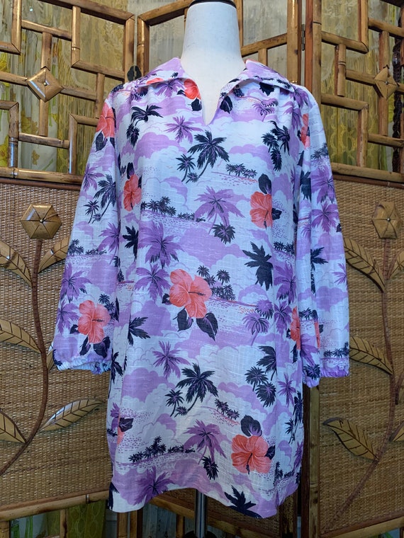 Vintage 1970's Tropical Purple Pullover Blouse wi… - image 1