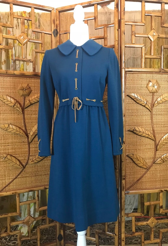 Vintage Blue 1970's Mini Dress with Leather Stitch