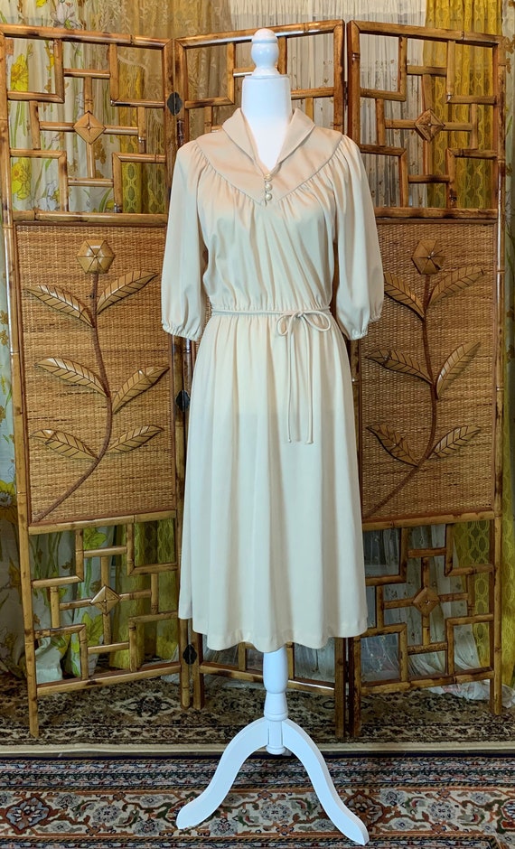 Vintage 1970's Cream Beige Neutral Dress with Ela… - image 2