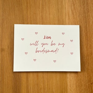 Will you be my bridesmaid? Personalised Bridesmaid Proposal Card romantic style red something blue printed A6 size with envelope mini hearts