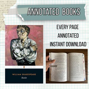 May include: Image of a book cover for William Shakespeare's Hamlet, published by Penguin Classics. The cover features a portrait of a man. The text "ANNOTATED BOOKS" and "EVERY PAGE ANNOTATED INSTANT DOWNLOAD" are also visible.