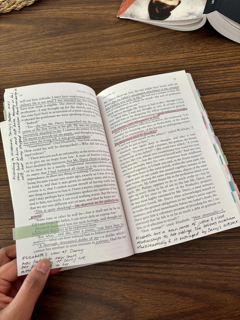 May include: Open book with a yellow highlighter marking a passage about Mr. Darcy's character. The text reads, "This is quite shocking! He deserves to be publicly disgraced."  The book is titled "Pride and Prejudice" by Jane Austen.