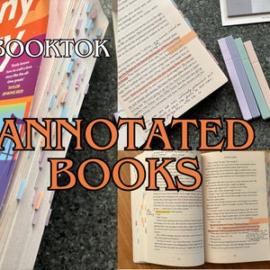 Könnte beinhalten: Nahaufnahme eines Buches mit bunten Haftnotizen, die Seiten markieren. Das Buch ist geöffnet und die Seiten sind mit handschriftlichen Notizen gefüllt. Der Text auf dem Buchcover lautet "#BOOKTOK ANNOTATED BOOKS".