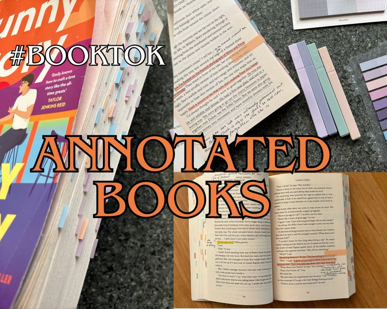 May include: A close-up of a book with colorful sticky notes marking pages. The book is open and the pages are filled with handwritten notes. The text on the cover of the book reads "#BOOKTOK ANNOTATED BOOKS".