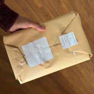 May include: A brown paper package with a white label that says "Melissany Prints" and a white sticky note that says "Funny Story by Emily Honey Annotated by Melissa"