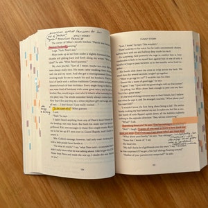 May include: Open book with a yellow highlighter on the page. The text on the page reads "Something about you? he says. "You need to know how to handle my mood." "What?" I ask. "I guess all men have that something about them." "What about your family?" I say. "Any siblings?" "Oh, there's plenty." He had that know-it-all grin. "My dad had a lot of girlfriends over the years. I am not surprised if I've got a few half siblings floating around." "Neither of your parents ever married?" he asks.