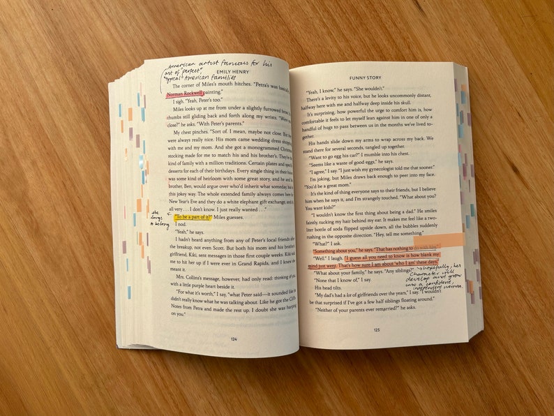 May include: Open book with a yellow highlighter on the page. The text on the page reads "Something about you? he says. "You need to know how to handle my mood." "What?" I ask. "I guess all men have that something about them." "What about your family?" I say. "Any siblings?" "Oh, there's plenty." He had that know-it-all grin. "My dad had a lot of girlfriends over the years. I am not surprised if I've got a few half siblings floating around." "Neither of your parents ever married?" he asks.