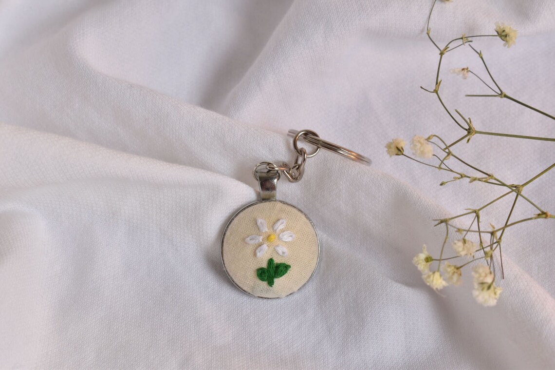 White rose embroidery keychain  etsy White rose embroidery keychain  etsy