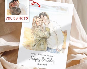 Personalisierte Aquarell Paar Porträt Valentinstag Karte, Benutzerdefinierte Foto Geschenk
