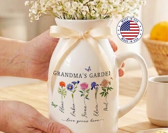 Grandma's Garden Vase, Grandma Ceramic Vase, Custom Birth Flowers Mother's Day Gift for Mom, Nana, Grandmother