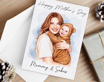 Kartka z okazji Dnia Matki, spersonalizowany portret akwarelowy ze zdjęcia, prezent dla młodej mamy, mamy, mamy