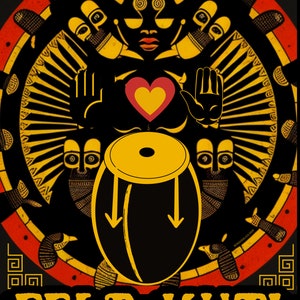 May include: A black and yellow illustration of a person with a crown on their head, holding a heart with a yellow and red design. The person is surrounded by a circle of hands and a drum. The text "FELA KUTI KING OF AFRO-BEAT" is at the bottom of the image.