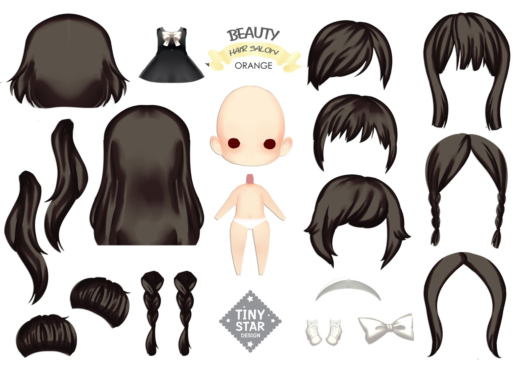 Paper doll cute girl black hair Clip art Etsy