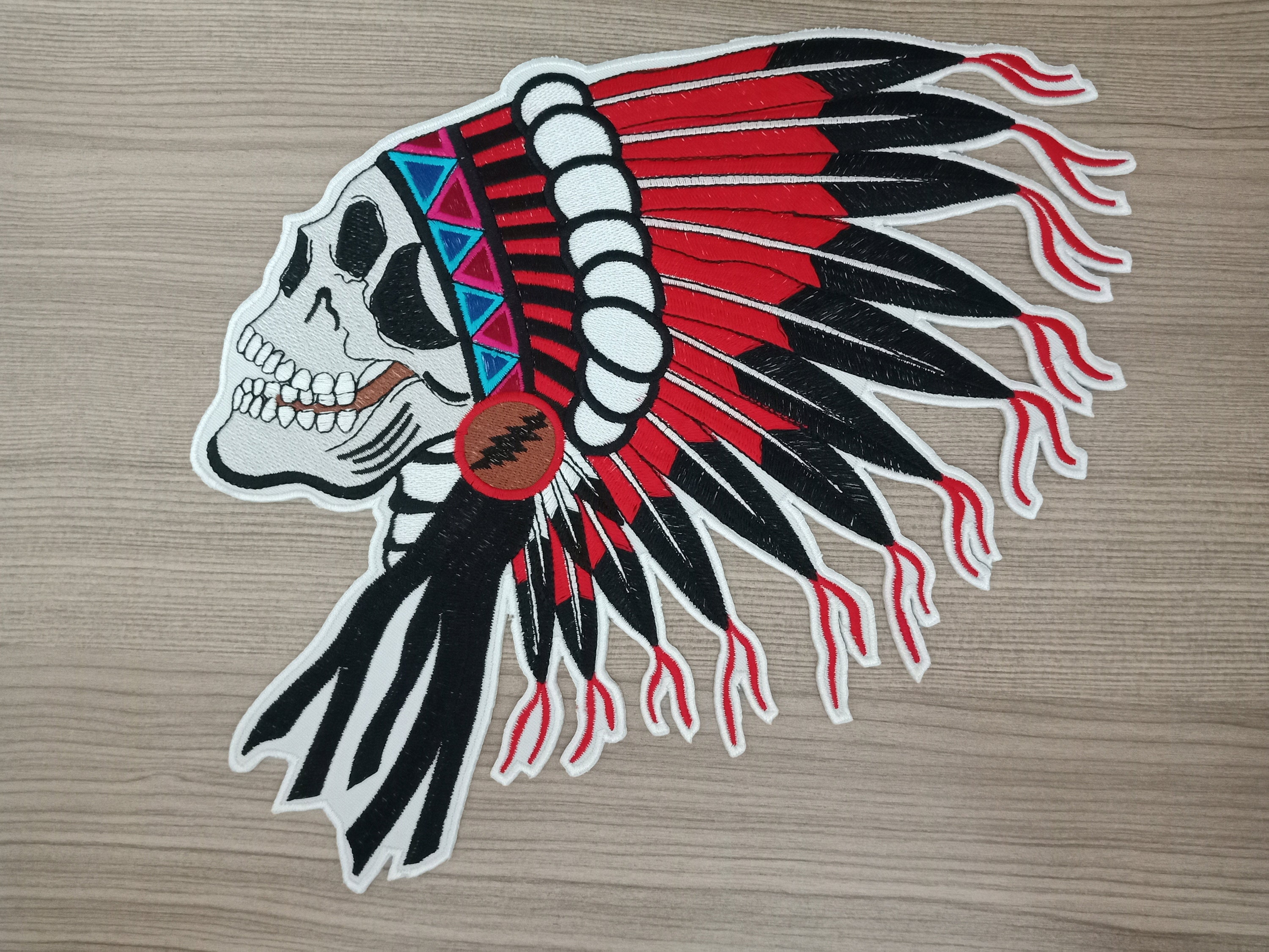 Native American Indian Skull Headdress Embroidered Biker Patch 