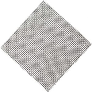 May include: A square piece of silver-colored metal mesh. The mesh is made of fine wire and has a uniform pattern.