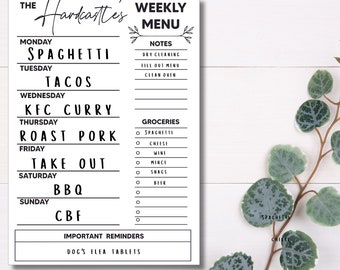 Personalised Weekly Menu Planner - Magnetic Dry Erase Board - Fridge Magnet Whiteboard - Groceries - Notes - Shopping