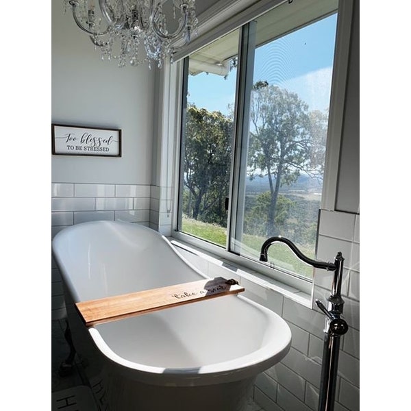 Custom Hardwood Bath Caddy – Wine & iPad Holder, Tea Light Shelf