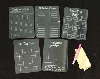 Road Trip Game Set - Reusable Travel Games Hangman - Dots + Boxes - Alphabet Game - Tic Tac Toe - Bingo Camping Travelling Holiday Kids