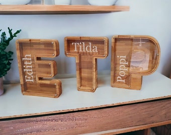 Personalized Beech Wood Letter Money Box – Custom Coin Bank, Kids Decor