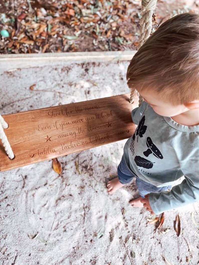 Personalised Engraved Wooden Tree Swing Birthday, Wedding, Gift, Outdoor Swing, Wood Swing, Customised image 8