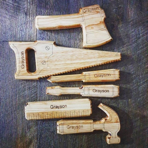 Mini Wooden Tool Toy Set - Personalised - Birthday Gift Tools Hammer Saw Ruler Axe Screwdrivers Hevea Australian Made Educational Wood