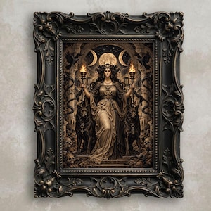 May include: A framed wall art piece featuring a central figure with three faces holding two flaming torches. The figure is flanked by two large dogs and two ravens, set against a background of stone pillars, skulls, and a triple moon phase.