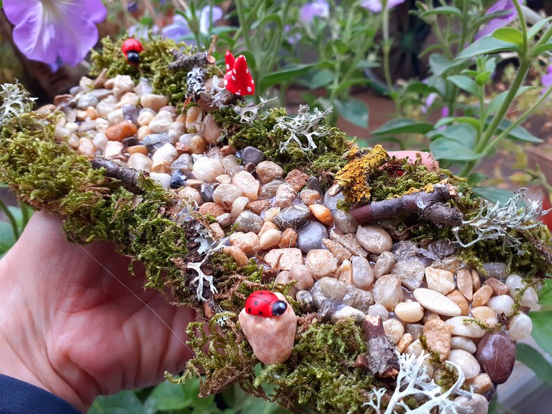 Puede incluir: Una escena de jard&iacute;n en miniatura con un camino hecho de peque&ntilde;as piedras, musgo y ramitas. Hay tres mariquitas rojas en el camino.