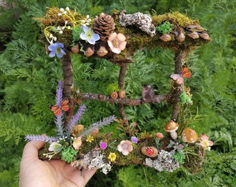 OOAK window, Fairy garden window, Fairy accessories, Autumn wreath, fairy ornament, Miniature window, Fairy house window, squirrel