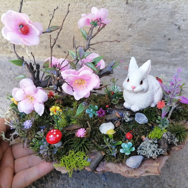 Easter garden, Bunny figurine, Easter landscape, Fairy tree, fairy decoration, Fairy bunny, Miniature garden, Miniature fairy accent