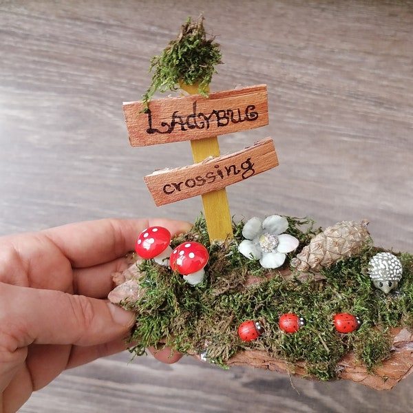 Signo de hadas, Signo de miniatura, Accesorio de hadas, Signo de jardín, Muebles de hadas, Signo de bienestar, Jardín en miniatura, Mini mariquitas, Cruce de mariquitas