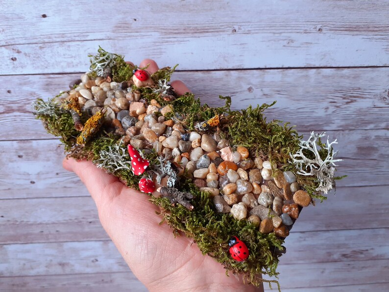 Puede incluir: Un camino de piedra en miniatura con musgo, peque&ntilde;os hongos rojos y mariquitas. El camino est&aacute; hecho de peque&ntilde;as piedras redondas y est&aacute; rodeado de musgo verde.