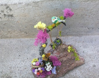Fairy garden swing with green bird, Fairy swing, Miniature bird, Fairy accessory, Miniature swing, fairy garden landscape, dollhouse swing