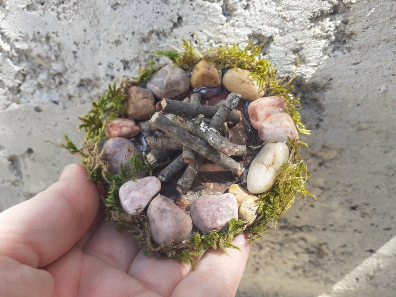 Pu&ograve; includere: Un fal&ograve; in miniatura fatto di piccole pietre e ramoscelli, circondato da muschio. Il fal&ograve; &egrave; posto su una base marrone ed &egrave; grande circa quanto una mano.