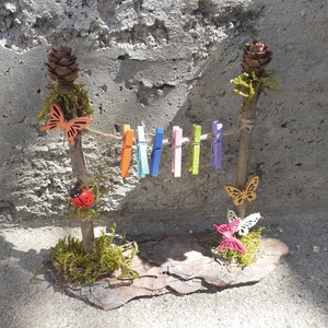 Fairy garden clothesline, miniature clothes pins, fairy furniture, fairy accessories, miniature clothesline, fairy clothes, fairy mushrooms