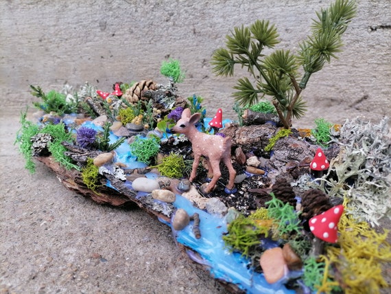 Miniature scene, Fairy scene, Deer diorama, Forest diorama, Nature scene, Fairy garden river, fairy waterfall, miniature creek, fairy deer