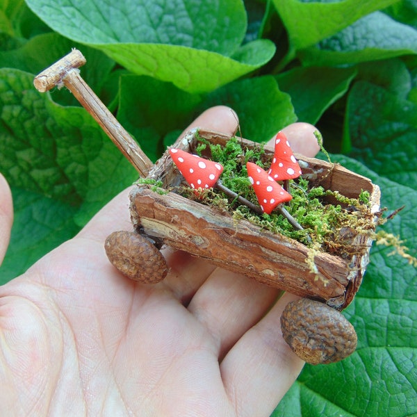 Fairy garden wagon, miniature wagon, fairy garden accessories, wood wagon, mini rustic wagon, fairy mushrooms, fairy ornament, mushroom