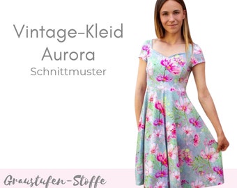 Vintage-Kleid Damen PDF Schnittmuster  mit Herzausschnitt und Schwingrock / Gr. 34-50 in deutsch