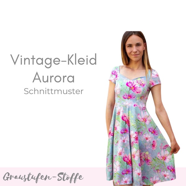 Vintage-Kleid Damen PDF Schnittmuster  mit Herzausschnitt und Schwingrock / Gr. 34-50 in deutsch