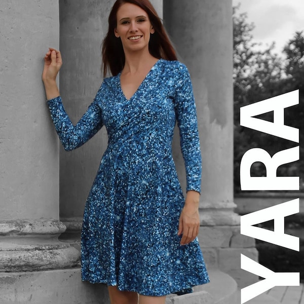 Dress with circle skirt and wrap neckline PDF pattern / Gr. 34-50 in German, Yara of greyscale fabrics, 3 arm lengths