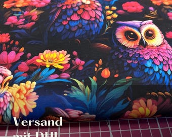 Jersey fabric with owl design, blue and red, dressmaking fabric, spring fabric, in-house production, shades of gray fabrics, sold by the meter, APN101195410983420